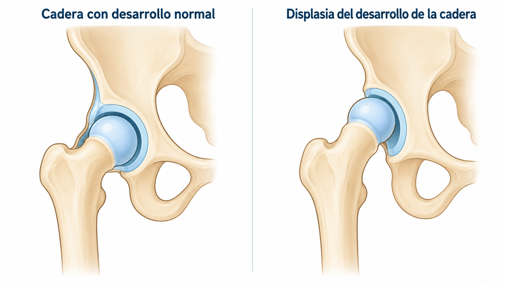 Comparación ilustrada entre una cadera infantil con desarrollo normal y una cadera con displasia