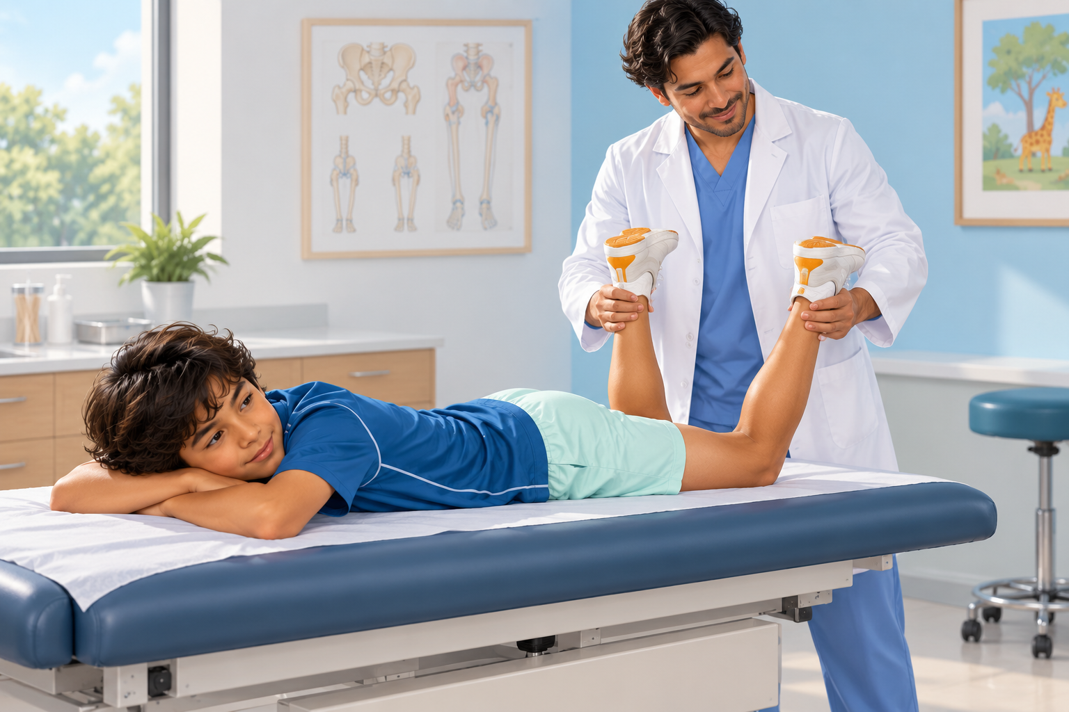 Ortopedista pediátrico evaluando la rotación de caderas, piernas y pies