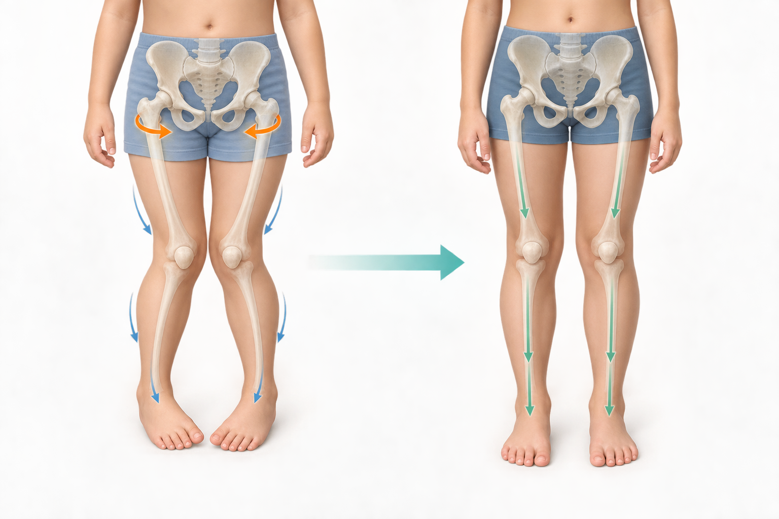 Comparación de la anteversión femoral en la infancia y la alineación de caderas, rodillas y pies al crecer